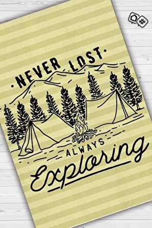 Homshtag Kaybolmam Keşfederim, Karavan Halısı, Kamp Hayatı Desenli Sarı Halı, Çadır Halısı, Kampçı Halısı, Seyahat Temalı Halı, Pamuklu Dokuma Tabanlı Yıkanabilir Dekoratif Halı