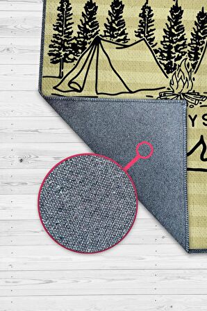 Homshtag Kaybolmam Keşfederim, Karavan Halısı, Kamp Hayatı Desenli Sarı Halı, Çadır Halısı, Kampçı Halısı, Seyahat Temalı Halı, Pamuklu Dokuma Tabanlı Yıkanabilir Dekoratif Halı