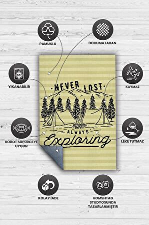 Homshtag Kaybolmam Keşfederim, Karavan Halısı, Kamp Hayatı Desenli Sarı Halı, Çadır Halısı, Kampçı Halısı, Seyahat Temalı Halı, Pamuklu Dokuma Tabanlı Yıkanabilir Dekoratif Halı