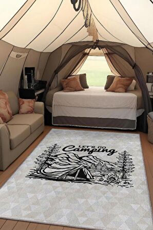 Homshtag Hadi Kamplayalım, Karavan Halısı, Geometrik Desenli Soft Renkli Halı, Çadır Halısı, Kampçı Halısı, Seyahat Temalı Halı, Pamuklu Dokuma Tabanlı Yıkanabilir Dekoratif Halı