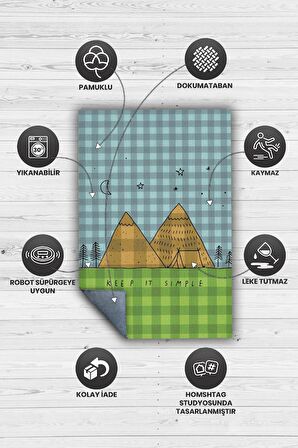 Homshtag Basit Yaşa, Karavan Halısı, Minimalist Seyahat Temalı Halı, Çadır Halısı, Kampçı Halısı, Seyahat Temalı Halı, Pamuklu Dokuma Tabanlı Yıkanabilir Dekoratif Halı