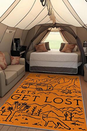 Homshtag Kaybolalım, Karavan Halısı, Seyahat Temalı Sarı Halı, Çadır Halısı, Kampçı Halısı, Seyahat Temalı Halı, Pamuklu Dokuma Tabanlı Yıkanabilir Dekoratif Halı
