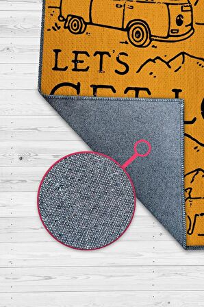 Homshtag Kaybolalım, Karavan Halısı, Seyahat Temalı Sarı Halı, Çadır Halısı, Kampçı Halısı, Seyahat Temalı Halı, Pamuklu Dokuma Tabanlı Yıkanabilir Dekoratif Halı