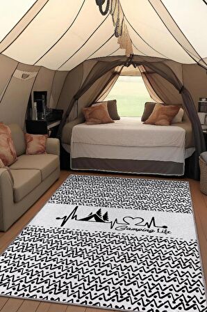 Homshtag Kamp Hayatı, Karavan Halısı, İskandinav Desenli Kampçı Halısı, Çadır Halısı, Kampçı Halısı, Seyahat Temalı Halı, Pamuklu Dokuma Tabanlı Yıkanabilir Dekoratif Halı