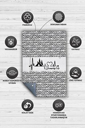 Homshtag Kamp Hayatı, Karavan Halısı, İskandinav Desenli Kampçı Halısı, Çadır Halısı, Kampçı Halısı, Seyahat Temalı Halı, Pamuklu Dokuma Tabanlı Yıkanabilir Dekoratif Halı