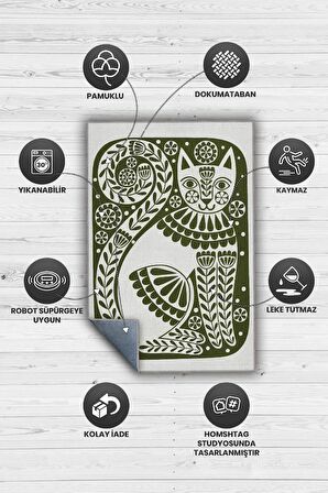 Homshtag Çinili Kedi, Yeşil Renkli Kedi Desenli Modern Oturma Odası Halısı, Minimalist Kedili Salon Halısı, Pamuklu Dokuma Tabanlı Yıkanabilir Dekoratif Bej Modern Halı Kedi Sever Halısı  