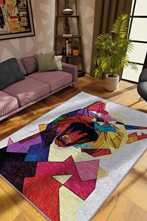 Homshtag Kübist Kedi , Renkli Prizma Desenli Salon Halısı, Geometrik Kedili Salon Halısı, Pamuklu Dokuma Tabanlı Yıkanabilir Dekoratif  Modern Halı Kedi Sever Halısı