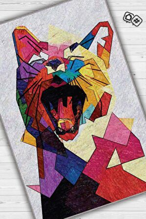 Homshtag Kübist Kedi , Renkli Prizma Desenli Salon Halısı, Geometrik Kedili Salon Halısı, Pamuklu Dokuma Tabanlı Yıkanabilir Dekoratif  Modern Halı Kedi Sever Halısı