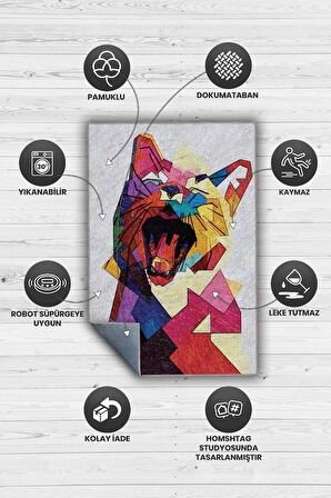 Homshtag Kübist Kedi , Renkli Prizma Desenli Salon Halısı, Geometrik Kedili Salon Halısı, Pamuklu Dokuma Tabanlı Yıkanabilir Dekoratif  Modern Halı Kedi Sever Halısı