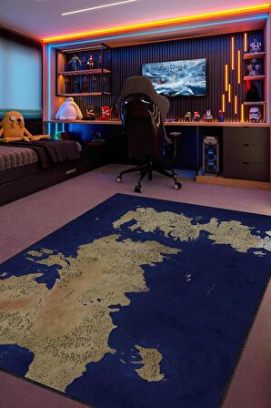 Homshtag Westeros,Mavi Harita Desenli Salon Odası Halısı, Modern Genç Odası Halısı, Pamuklu Dokuma Tabanlı Yıkanabilir Dekoratif Halı, Renkli Game Of Thrones Film Sever Halısı