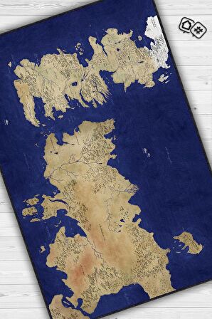 Homshtag Westeros,Mavi Harita Desenli Salon Odası Halısı, Modern Genç Odası Halısı, Pamuklu Dokuma Tabanlı Yıkanabilir Dekoratif Halı, Renkli Game Of Thrones Film Sever Halısı
