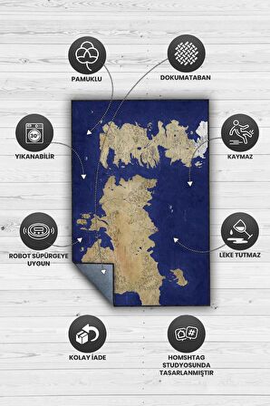 Homshtag Westeros,Mavi Harita Desenli Salon Odası Halısı, Modern Genç Odası Halısı, Pamuklu Dokuma Tabanlı Yıkanabilir Dekoratif Halı, Renkli Game Of Thrones Film Sever Halısı