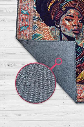 Homshtag Art Deko Vintage Afrikalı Kadın,Renkli Dekoratif Etnik Halı,İnsan Figürlü Geleneksel Bordürlü Çok Renkli Halı