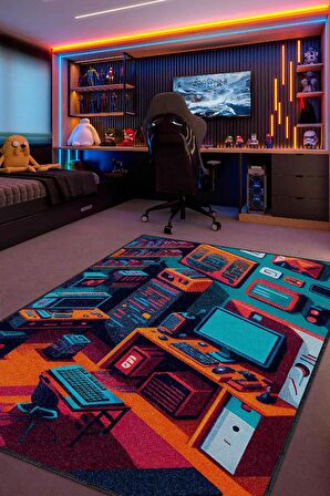 Homshtag Renkli Gamer Odası Halısı,Pastel Tonlu Canlı Renkli Genç Odası Halısı,Oyuncu Odası Halısı,Modern Gamer Halısı