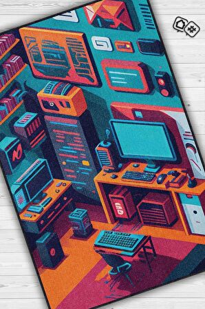 Homshtag Renkli Gamer Odası Halısı,Pastel Tonlu Canlı Renkli Genç Odası Halısı,Oyuncu Odası Halısı,Modern Gamer Halısı
