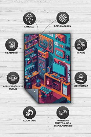 Homshtag Renkli Gamer Odası Halısı,Pastel Tonlu Canlı Renkli Genç Odası Halısı,Oyuncu Odası Halısı,Modern Gamer Halısı