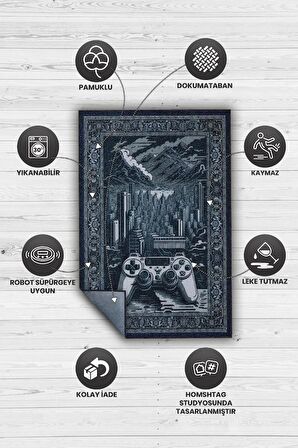 Homshtag Benzersiz Gamer Halısı,Lacivert Oyuncu Odası Halısı,Modern Vintage Oyun Konsolu Halısı Yıkanabilir Oyuncu Halı