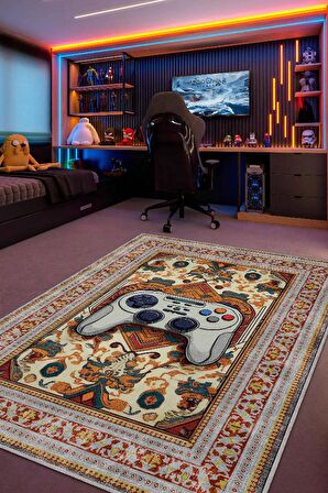 Homshtag Art Deko Gamer Halısı,Çok Renkli Gamer Halısı,Gamepad Figürlü Joystick Desenli Geleneksel Modern Oyuncu Halısı