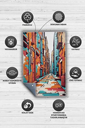 Homshtag Art Deco Sokak,Mavi Turuncu Beyaz Dekoratif Halı,Sokak Sanatı Temalı Graffiti Halısı,Renkli Genç Odası Halısı