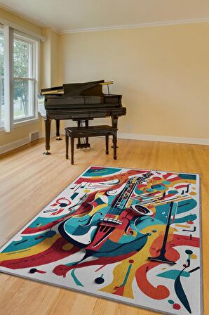Homshtag Renkli Gitar Halısı,Pop Art Müzik Halısı,Müzik Evi Halısı Tarz Genç Odası Halısı,Gitarist,Müzik Sever Halısı