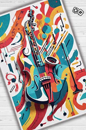Homshtag Renkli Gitar Halısı,Pop Art Müzik Halısı,Müzik Evi Halısı Tarz Genç Odası Halısı,Gitarist,Müzik Sever Halısı