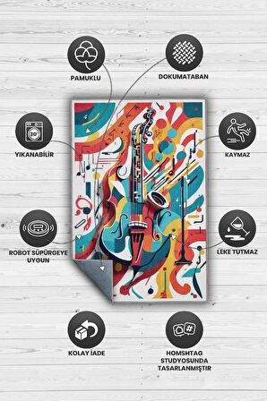 Homshtag Renkli Gitar Halısı,Pop Art Müzik Halısı,Müzik Evi Halısı Tarz Genç Odası Halısı,Gitarist,Müzik Sever Halısı