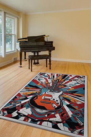 Homshtag Renkli Gitar Halısı,Pop Art Müzik Halısı,Rock Müzik Halısı Elektro Gitar Figürlü Renkli Modern Halı,Müzik Halı