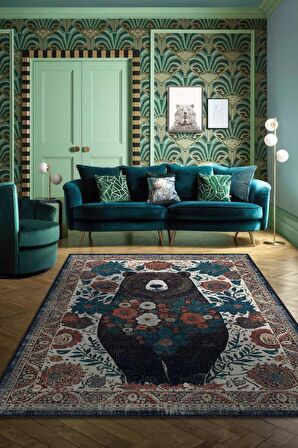 Homshtag Nuh'un Gemisi Koleksiyonu Ayı, Çiçek Desenli Art Deco Tarzı Vintage Halı,Çok Renkli Maksimalist Halı
