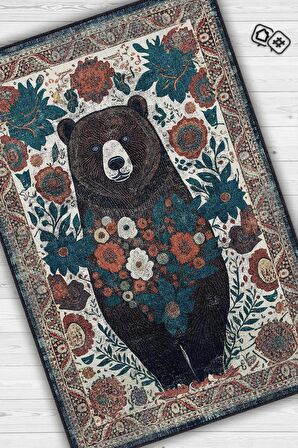 Homshtag Nuh'un Gemisi Koleksiyonu Ayı, Çiçek Desenli Art Deco Tarzı Vintage Halı,Çok Renkli Maksimalist Halı