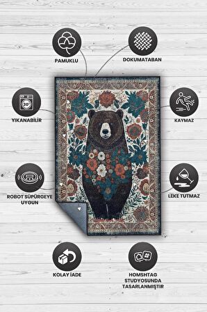 Homshtag Nuh'un Gemisi Koleksiyonu Ayı, Çiçek Desenli Art Deco Tarzı Vintage Halı,Çok Renkli Maksimalist Halı