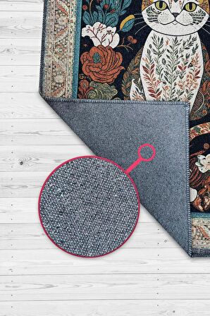 Homshtag Nuh'un Gemisi Koleksiyonu Kedi, Çiçek Desenli Art Deco Tarzı Vintage Halı,Çok Renkli Maksimalist Halı