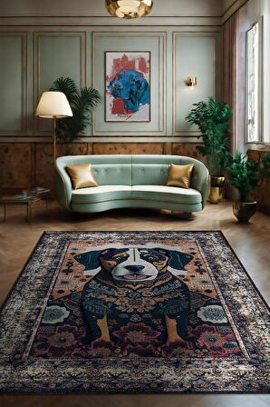 Homshtag Nuh'un Gemisi Koleksiyonu Köpek, Çiçek Desenli Art Deco Tarzı Vintage Halı,Çok Renkli Maksimalist Halı