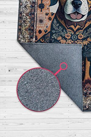 Homshtag Nuh'un Gemisi Koleksiyonu Köpek, Çiçek Desenli Art Deco Tarzı Vintage Halı,Çok Renkli Maksimalist Halı