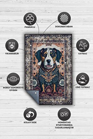 Homshtag Nuh'un Gemisi Koleksiyonu Köpek, Çiçek Desenli Art Deco Tarzı Vintage Halı,Çok Renkli Maksimalist Halı