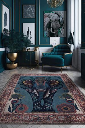 Homshtag Nuh'un Gemisi Koleksiyonu Fil, Çiçek Desenli Art Deco Tarzı Vintage Halı,Çok Renkli Maksimalist Halı