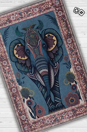 Homshtag Nuh'un Gemisi Koleksiyonu Fil, Çiçek Desenli Art Deco Tarzı Vintage Halı,Çok Renkli Maksimalist Halı