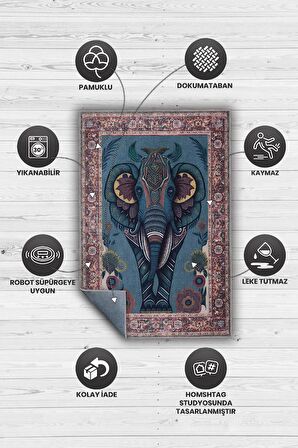 Homshtag Nuh'un Gemisi Koleksiyonu Fil, Çiçek Desenli Art Deco Tarzı Vintage Halı,Çok Renkli Maksimalist Halı