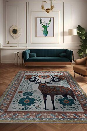 Homshtag Nuh'un Gemisi Koleksiyonu Mus, Çiçek Desenli Art Deco Tarzı Vintage Halı,Çok Renkli Maksimalist Halı