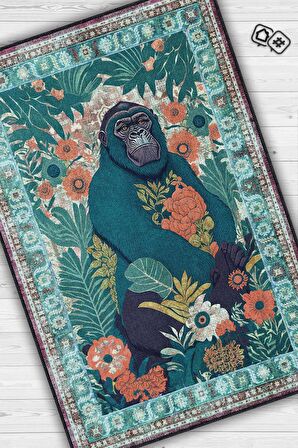 Homshtag Nuh'un Gemisi Koleksiyonu Goril, Çiçek Desenli Art Deco Tarzı Vintage Halı,Çok Renkli Maksimalist Halı