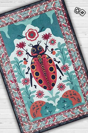 Homshtag Nuh'un Gemisi Koleksiyonu Uğur Böceği, Çiçek Desenli Art Deco Tarzı Vintage Halı,Çok Renkli Maksimalist Halı