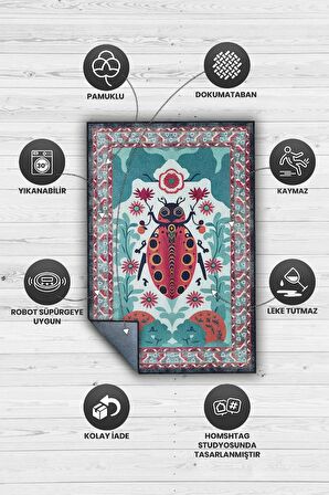 Homshtag Nuh'un Gemisi Koleksiyonu Uğur Böceği, Çiçek Desenli Art Deco Tarzı Vintage Halı,Çok Renkli Maksimalist Halı
