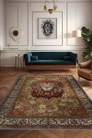 Homshtag Nuh'un Gemisi Koleksiyonu Aslan, Çiçek Desenli Art Deco Tarzı Vintage Halı,Çok Renkli Maksimalist Halı