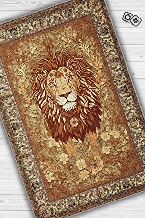 Homshtag Nuh'un Gemisi Koleksiyonu Aslan, Çiçek Desenli Art Deco Tarzı Vintage Halı,Çok Renkli Maksimalist Halı