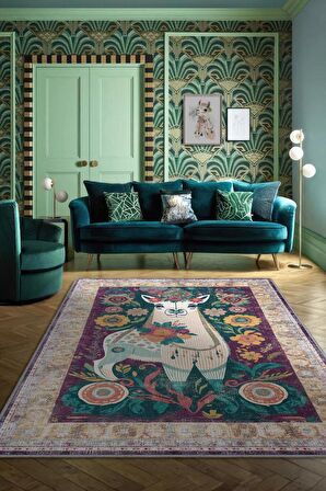 Homshtag Nuh'un Gemisi Koleksiyonu Lama, Çiçek Desenli Art Deco Tarzı Vintage Halı,Çok Renkli Maksimalist Halı