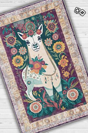 Homshtag Nuh'un Gemisi Koleksiyonu Lama, Çiçek Desenli Art Deco Tarzı Vintage Halı,Çok Renkli Maksimalist Halı