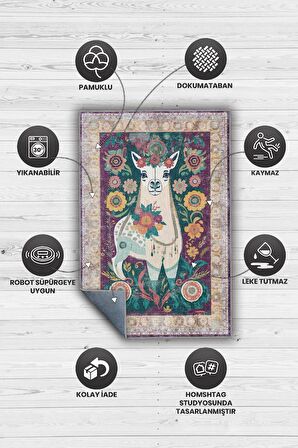 Homshtag Nuh'un Gemisi Koleksiyonu Lama, Çiçek Desenli Art Deco Tarzı Vintage Halı,Çok Renkli Maksimalist Halı