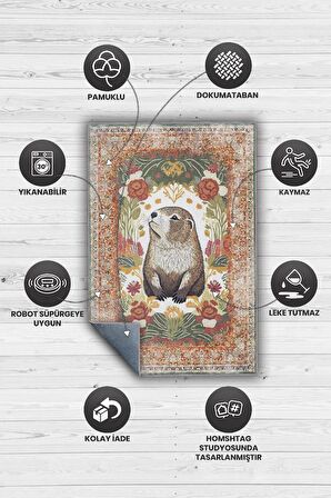 Homshtag Nuh'un Gemisi Koleksiyonu Su Samuru, Çiçek Desenli Art Deco Tarzı Vintage Halı,Çok Renkli Maksimalist Halı