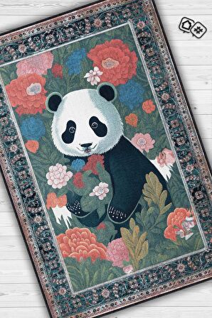 Homshtag Nuh'un Gemisi Koleksiyonu Panda, Çiçek Desenli Art Deco Tarzı Vintage Halı,Çok Renkli Maksimalist Halı