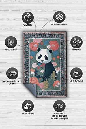 Homshtag Nuh'un Gemisi Koleksiyonu Panda, Çiçek Desenli Art Deco Tarzı Vintage Halı,Çok Renkli Maksimalist Halı