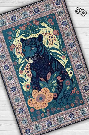 Homshtag Nuh'un Gemisi Koleksiyonu Panter, Çiçek Desenli Art Deco Tarzı Vintage Halı,Çok Renkli Maksimalist Halı
